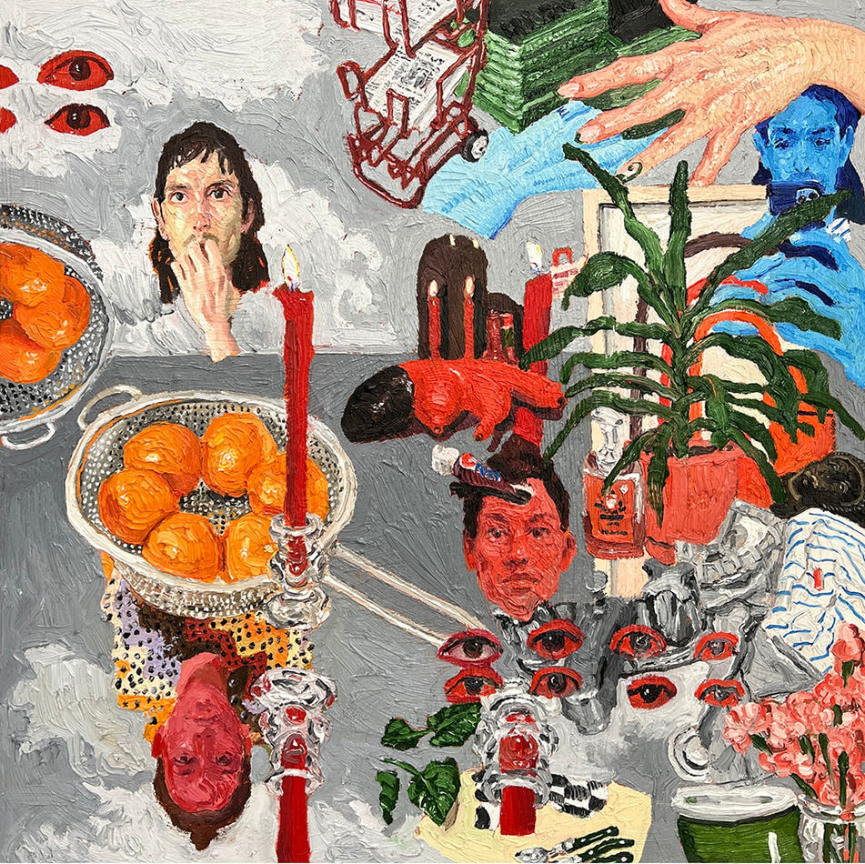Emilio Villalba painting of candles, fruits and faces