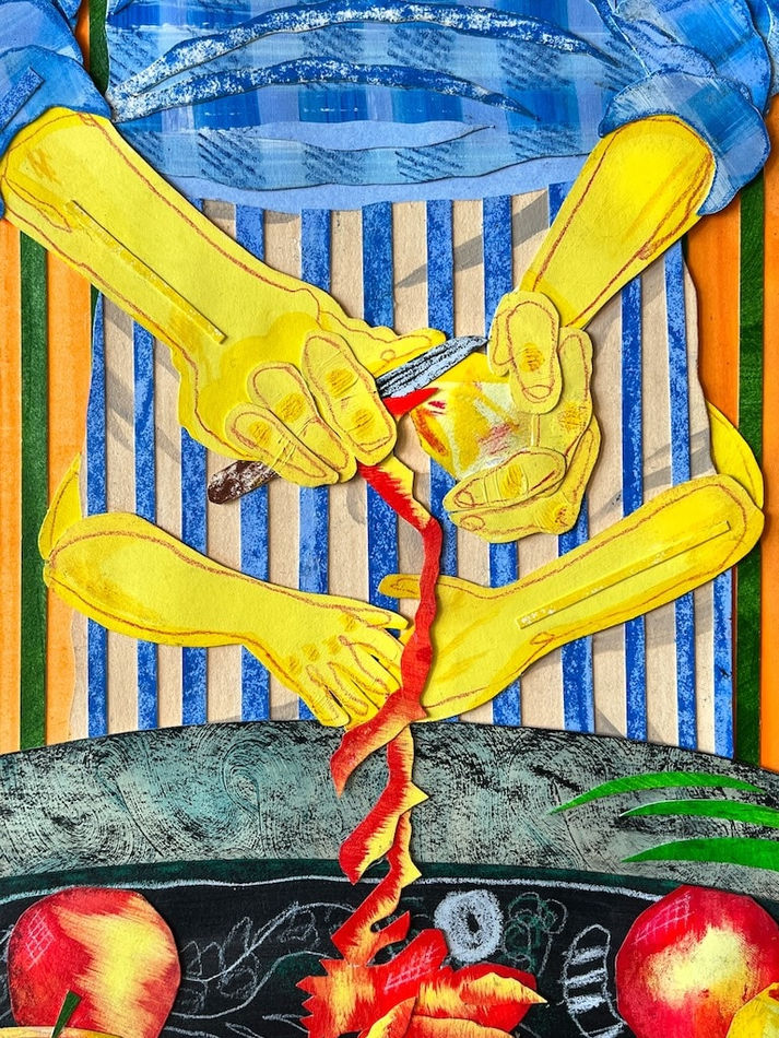 detail shot of artwork by Pat Perry of a figure in blue with four yellow arms peeling an apple with an orange and green striped background