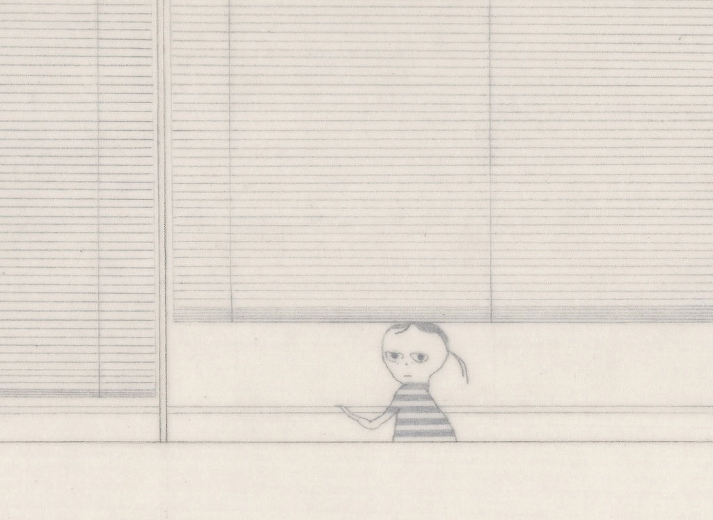 Drawing of a girl in a striped shirt standing behind a window pulling the blinds up
