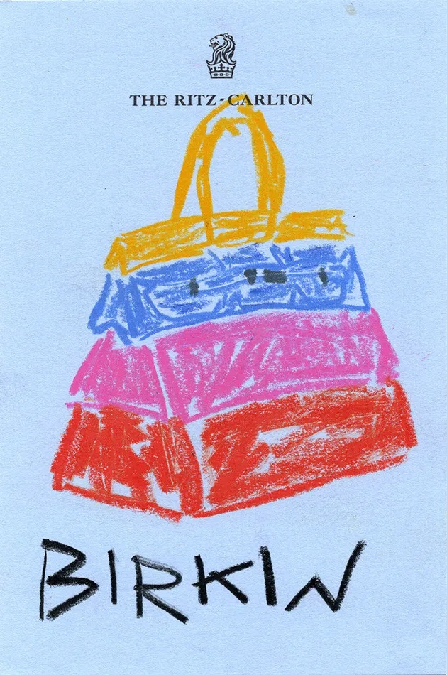 Drawing by Michael McGregor of colorful Birkin bag with the work Birkin below in of Ritz-Carlton hotel stationary