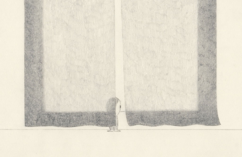 Drawing of a little creature standing behind sheer window curtains