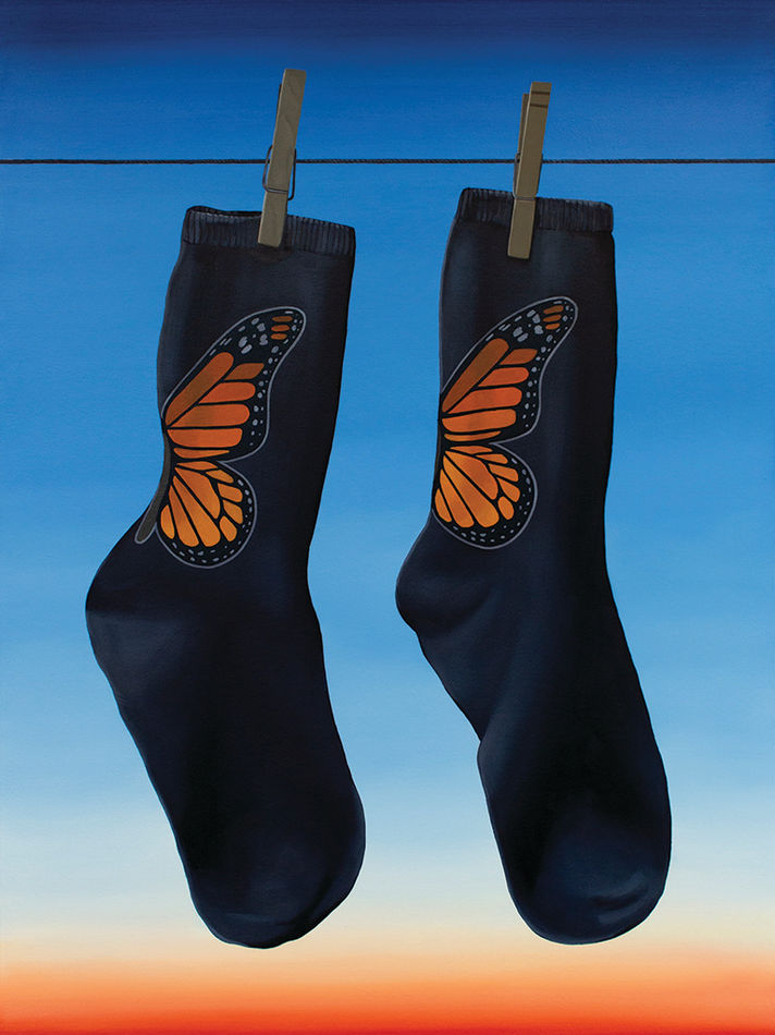 Two socks with a butterfly on the back hanging on a clothesline with a sunset in the background