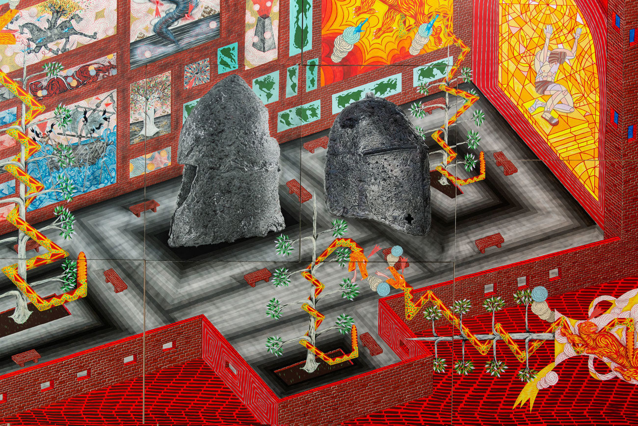 Andrew Schoultz - cutaway painting of interior space cathedral with plants and helmets