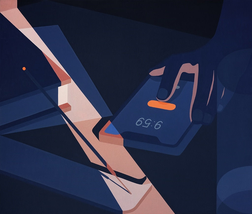 Still life painting of a hand turning of an alarm on an iPhone. There is a book and a lit incense on an incense holder on the table as well.