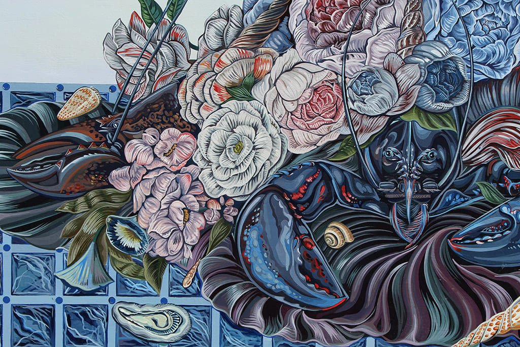 Detail of Sabrina Bockler painting of feast on table piled up - lobsters, florals, melons, etc
