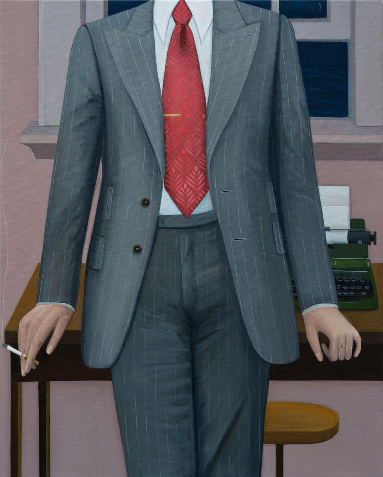 painting of a man from the chest down wearing a gray suit leaning against a desk