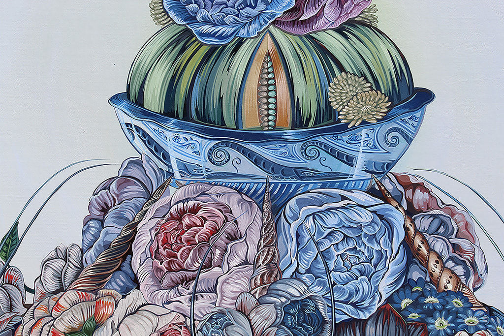 Detail of Sabrina Bockler painting of feast on table piled up - lobsters, florals, melons, etc