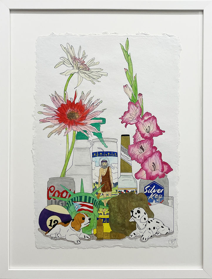 Drawing of beer cans, flowers, dog stuffed animals, and a candle with Jesus on it in white frame