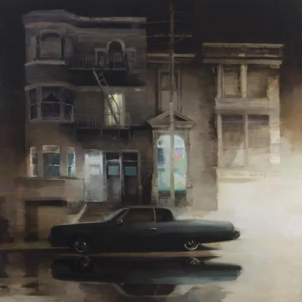 painting of a car in front of an apartment building at night - dark colors