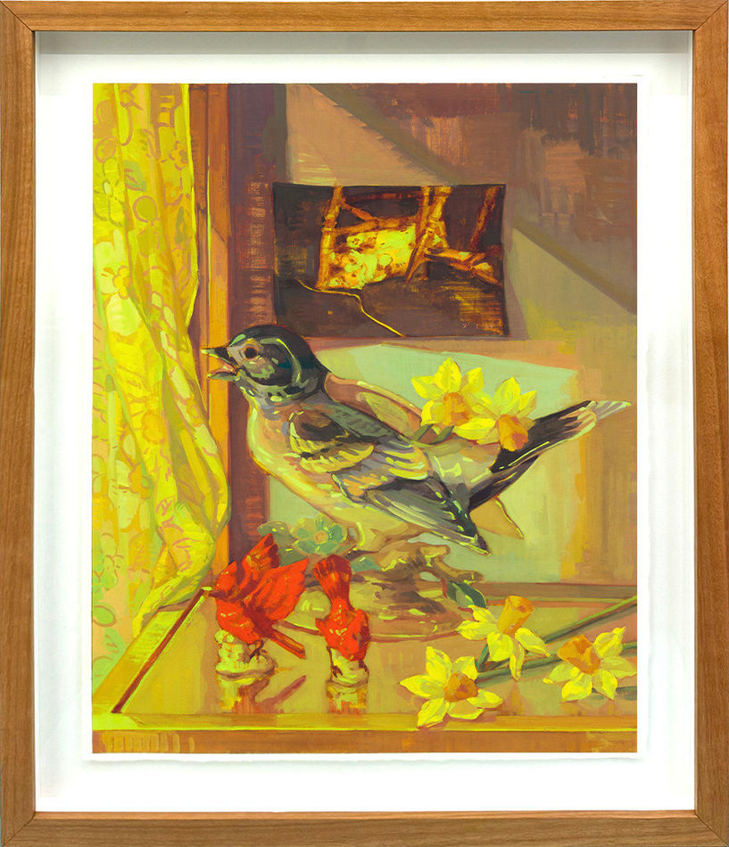 framed still Life painting of a shelf with flowers and a bird
