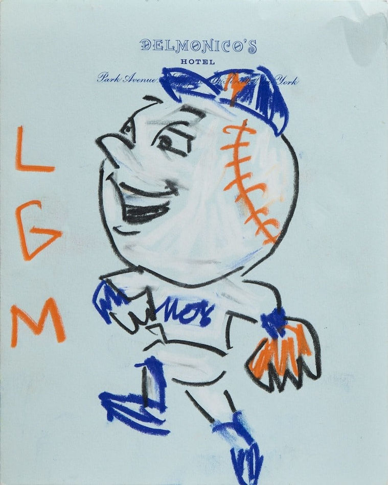 sketch of Met's baseball mascot on notepad paper