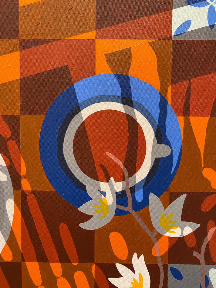 Natalia Juncadella painting of oranges, flowers and coffee on orange background detail