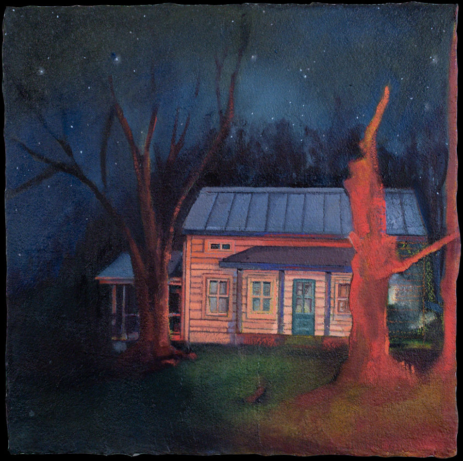 painting of a house surrounded by trees under a dark starry sky