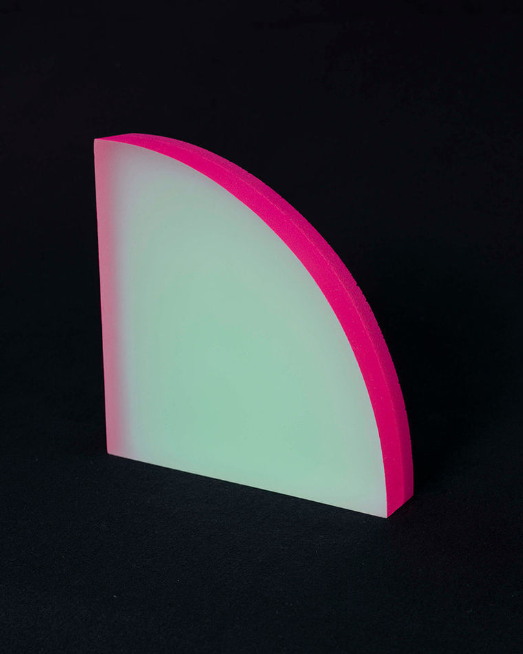 Rachel Strum - epoxy neon sculpture of a quarter round panel - green and hot pink