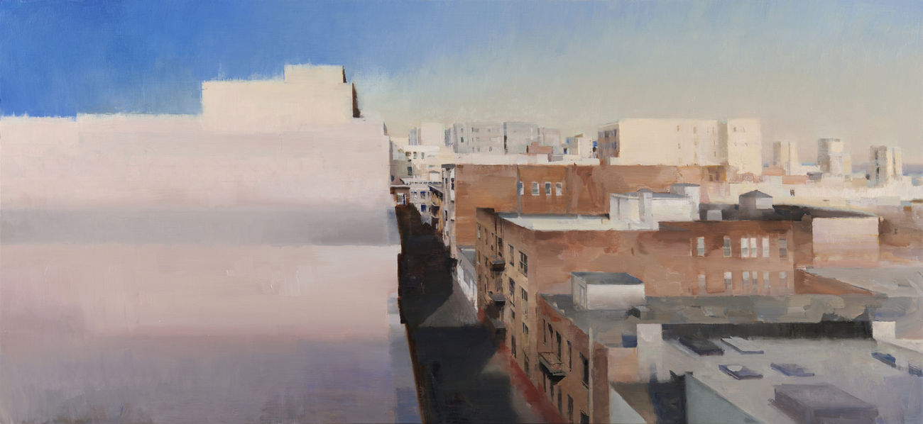 Kim Cogan painting of cityscape from rooftop, blue sky in background