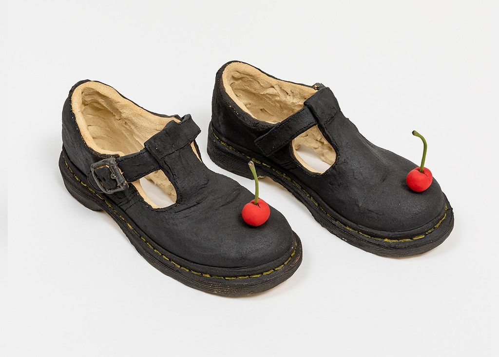 Didi Rojas sculpture of Pair of Mary Janes with cherries on top