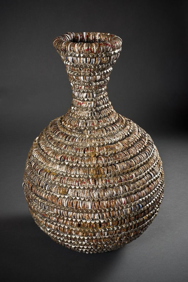 Lucien Shapiro sculpture of vessel made of bottle caps