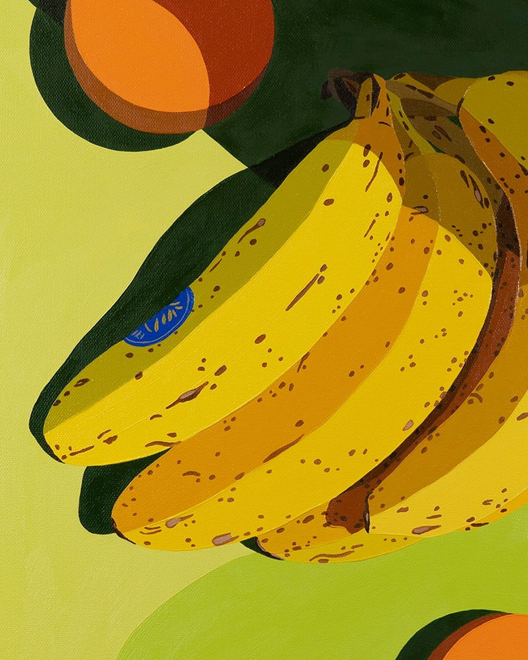 detail of Natalia Juncadella painting of grass, shadows, oranges and bananas