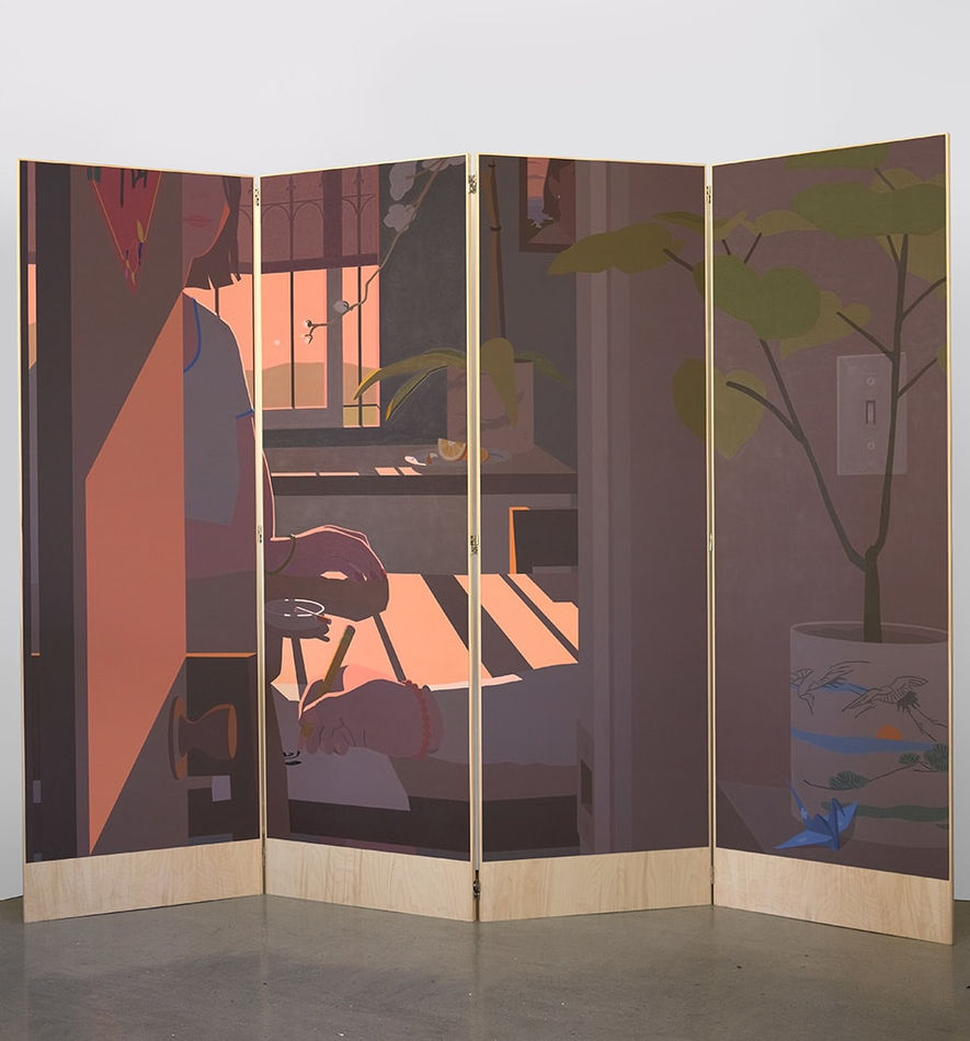 painting on a wooden room divider by artist Adrian Kay Wong depicting layered composition of an interior setting with two individuals sitting at a table, obscured by a partially opened door and door frame respectively. Visible are a white orchid plant, and a potted plant