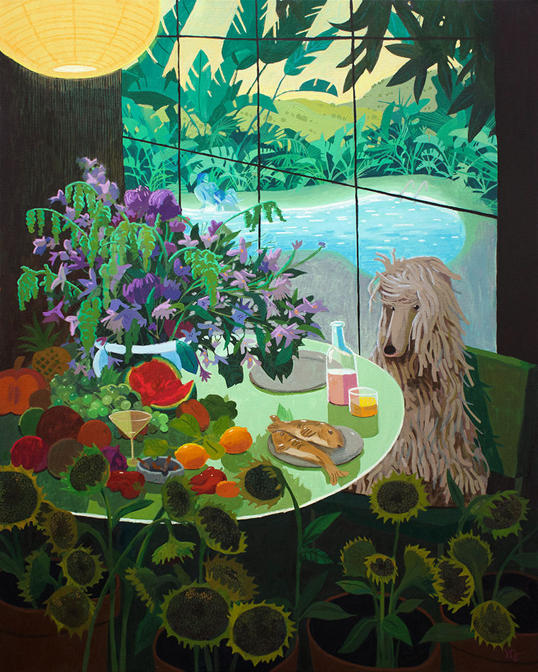 Pastel drawing of a table with food on it surrounded by sunflowers and a white dog with long fur sitting on a green chair