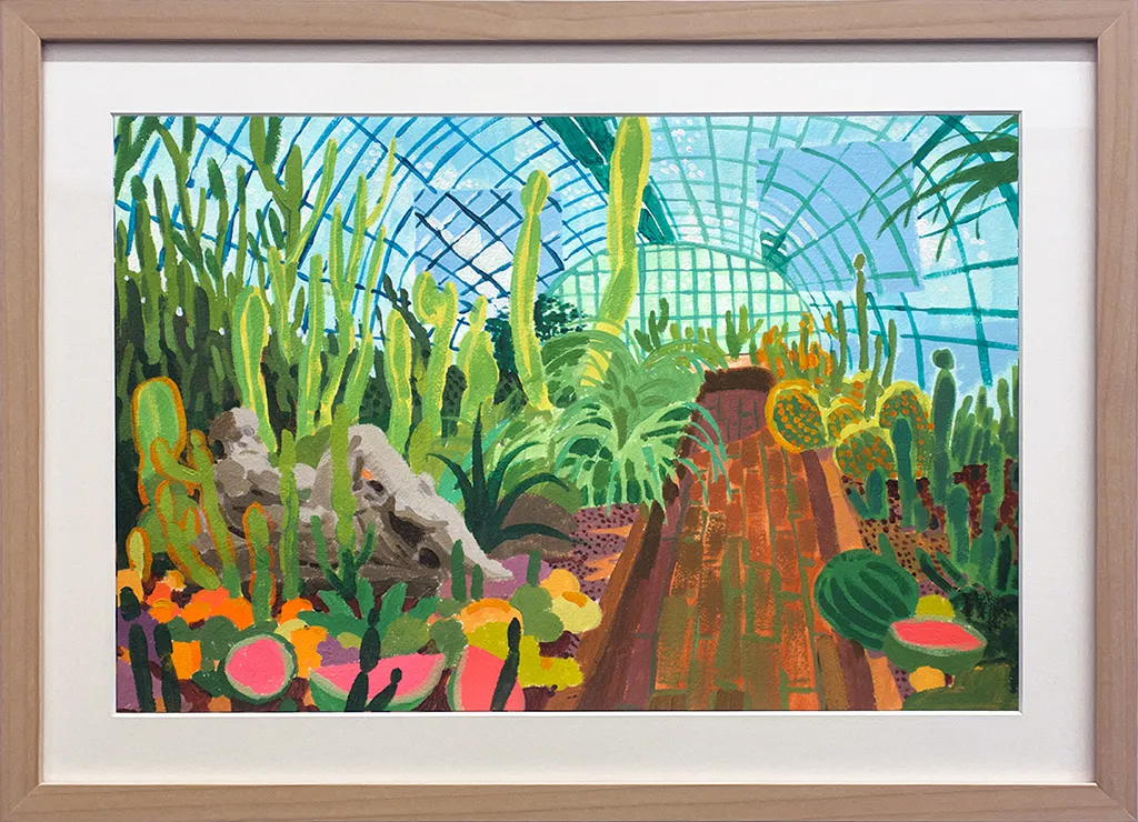 Pastel drawing of a marble sculpture and plants in a greenhouse