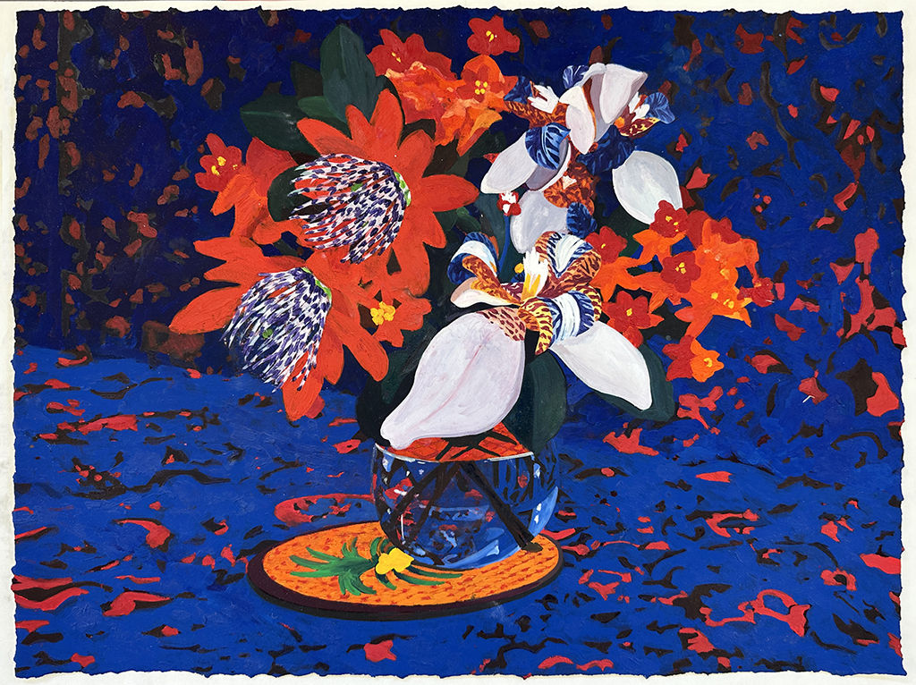 painting of red and white flowers in a glass vase against a deep blue and red patterned background