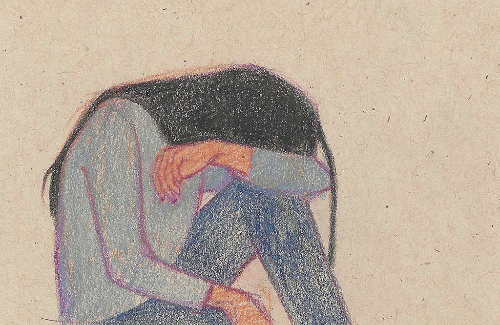 Colored pencil drawing of a seated woman resting her head on her arm