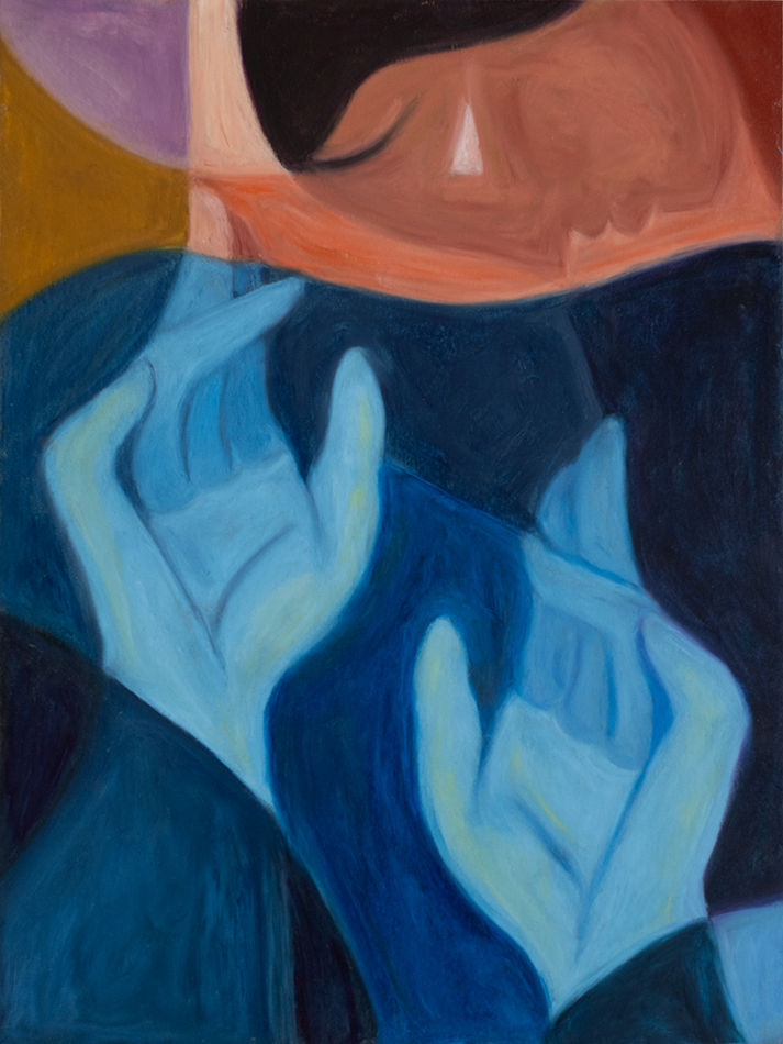 Painting on paper of blue hands and an orange face looking down
