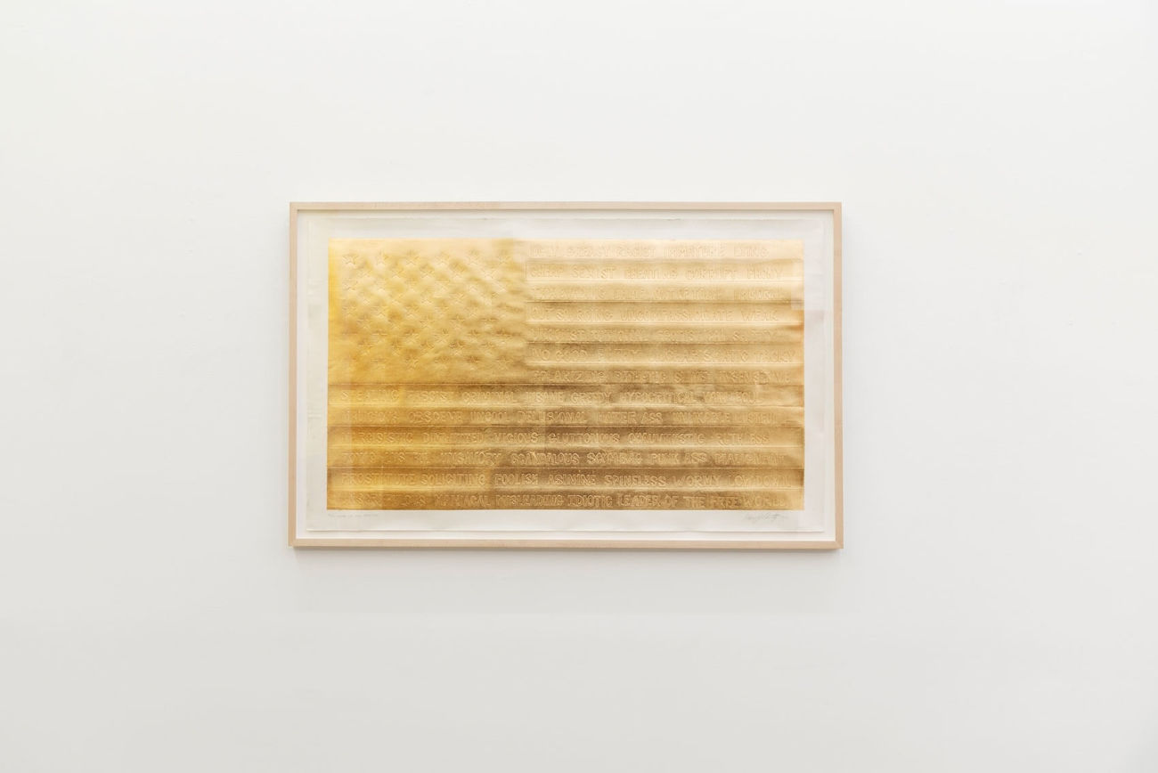 Andrew Schoultz To Whom It May Concern gold leaf American flag painting