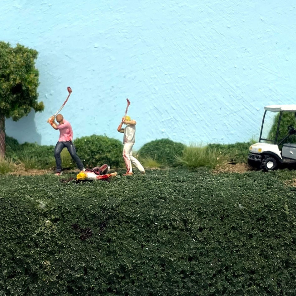 two people beating a third person with golf clubs