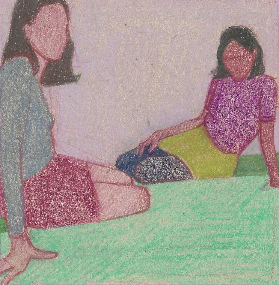 Drawing of two seated figures in front of a purple and green background