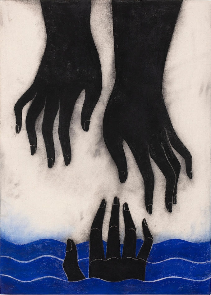 Hilda Palafox of two hands extending down into blue body of water, with a third hand reaching up
