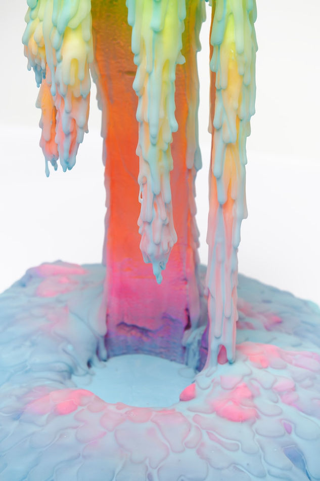 Dan Lam slime sculpture with gradient of green, red, and blue