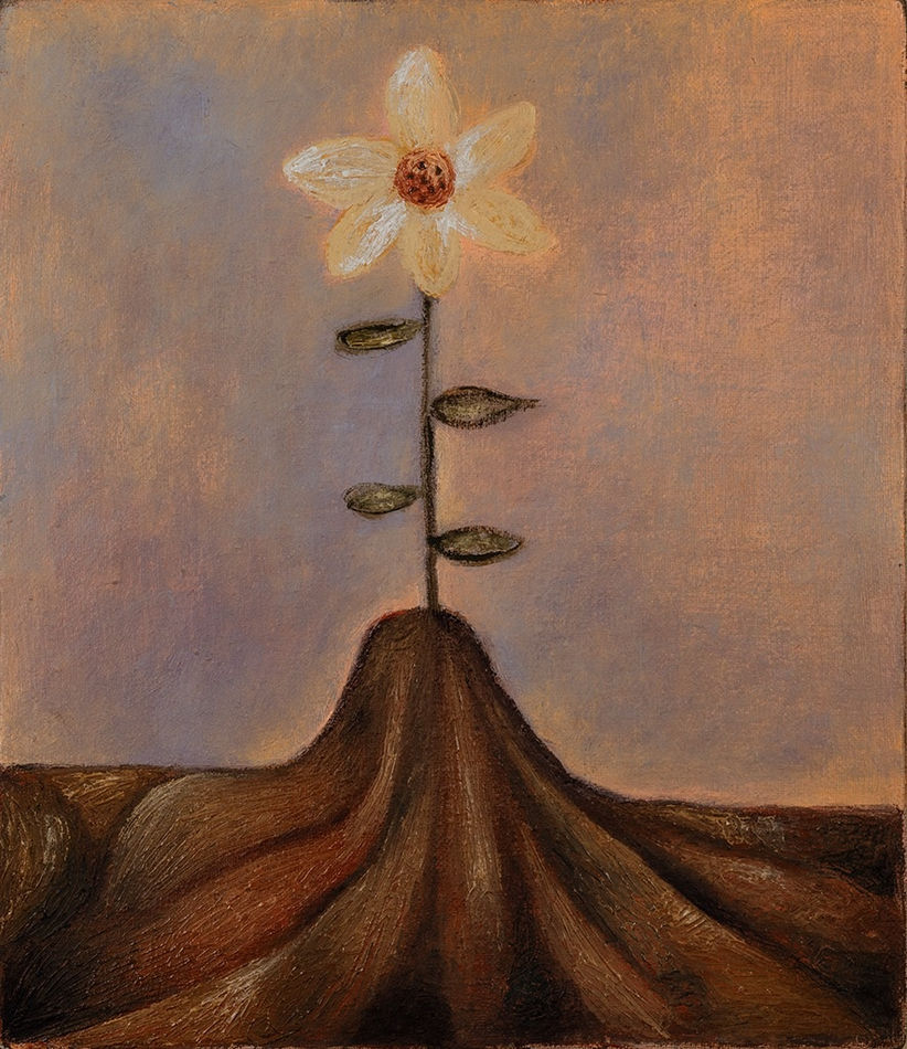 Painting of a flower growing from a mound