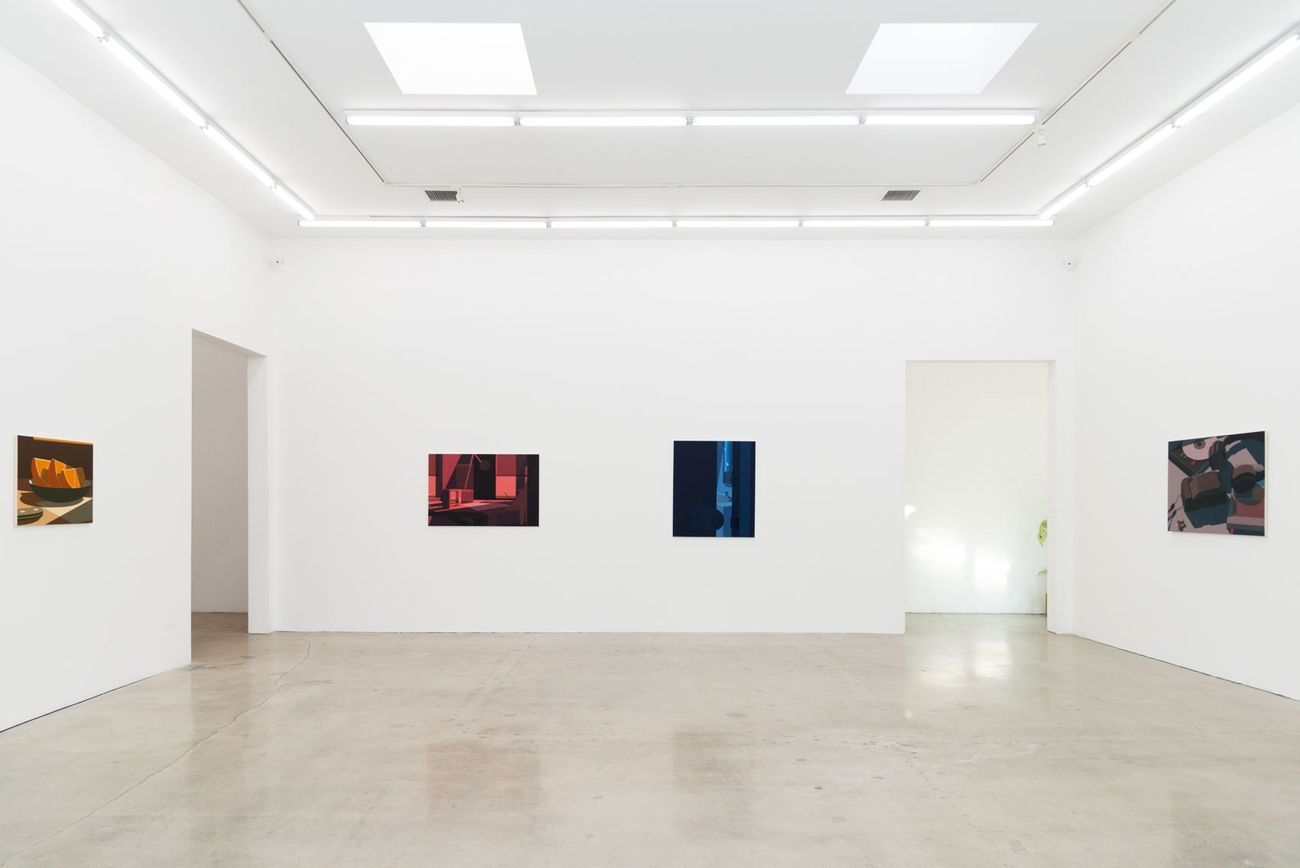 Installation view of Adrian Kay Wong's painting Timelapse next to the painting Blue