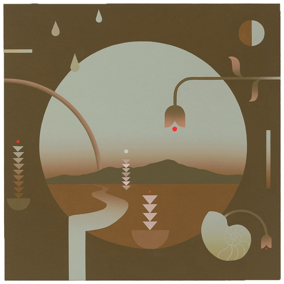 Madeleine Tonzi - painting of floating flowers, water drops, abstract shapes along the border of the canvas passed the orb that contains a landscape and river pouring outwards.