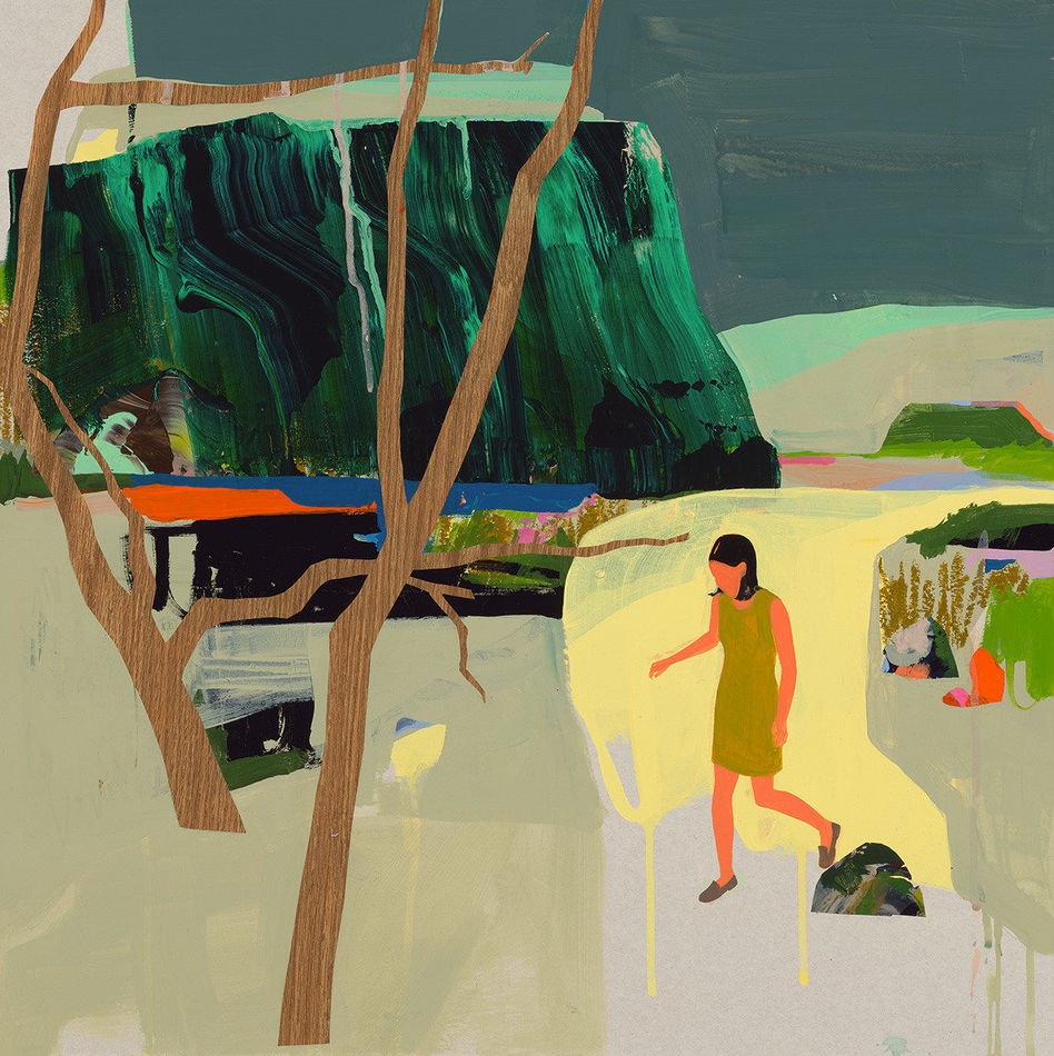 woman in a green dress walking through a disjointed abtract background