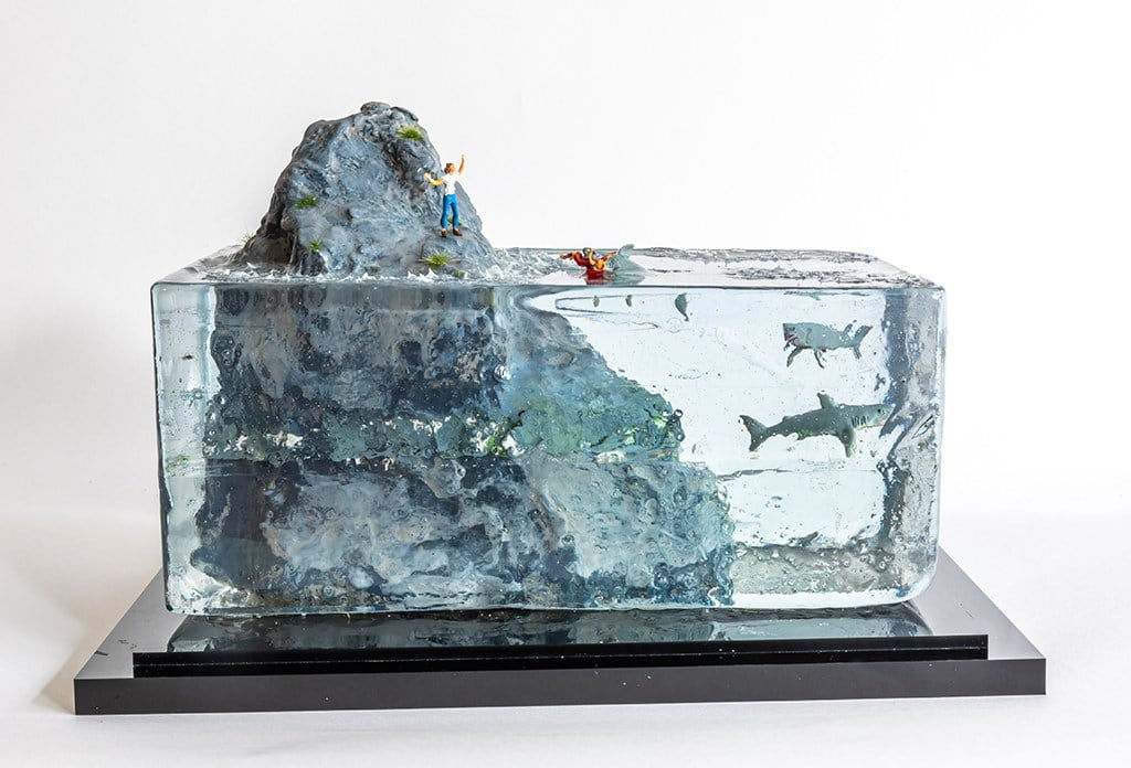 miniature diorama by Abigail Goldman of a shark attacking a person