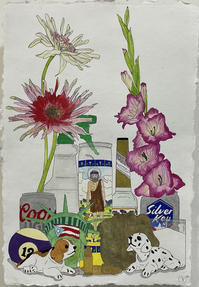 Drawing of beer cans, flowers, dog stuffed animals, and a candle with Jesus on it