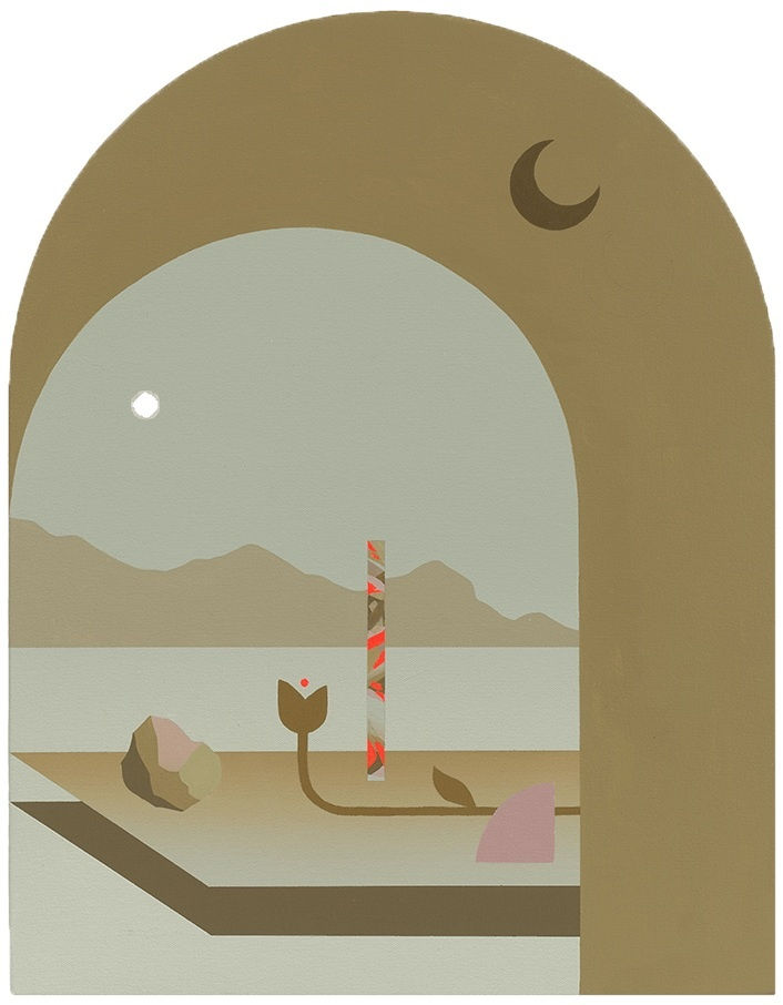 Madeleine Tonzi - Painting of brown and teal shades of floating landscape, platform with flowers and rocks behind am arch tunnel.