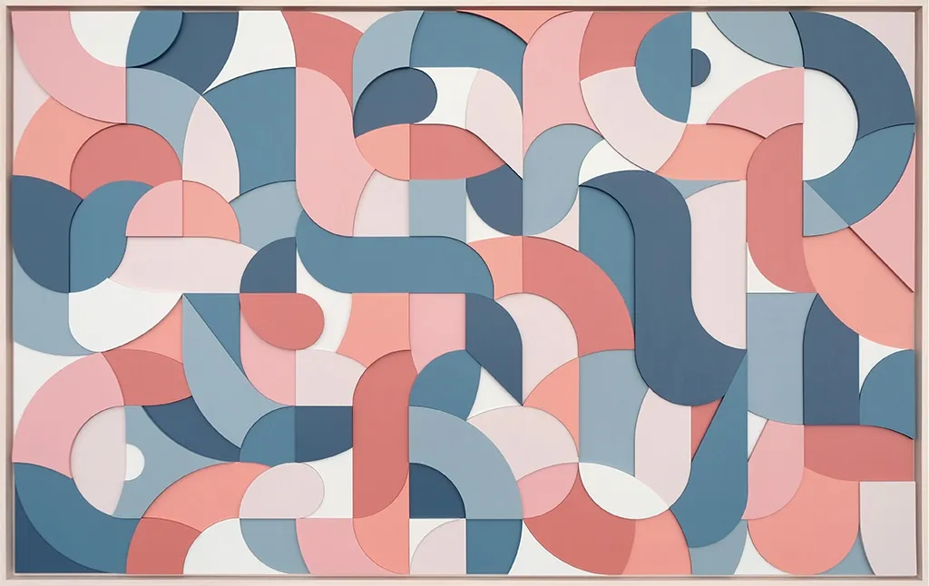 Framed multicolor wood relief sculptural piece made up of spiral shapes and curves by artist Scott Albrecht