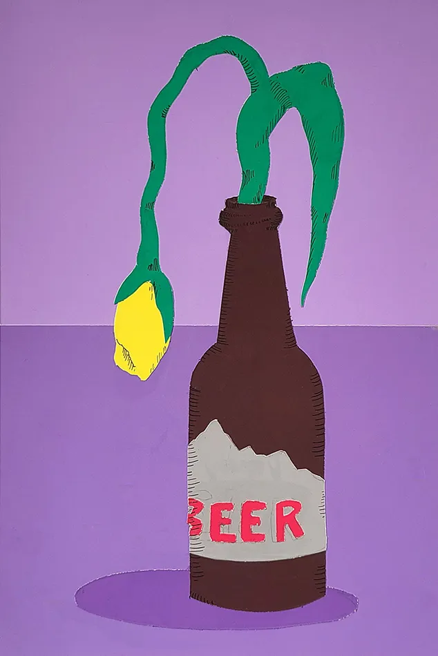 Allison Baker's piece on paper of a yellow flower in a beer bottle