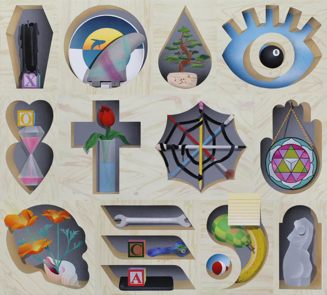 still life arranged in a grid