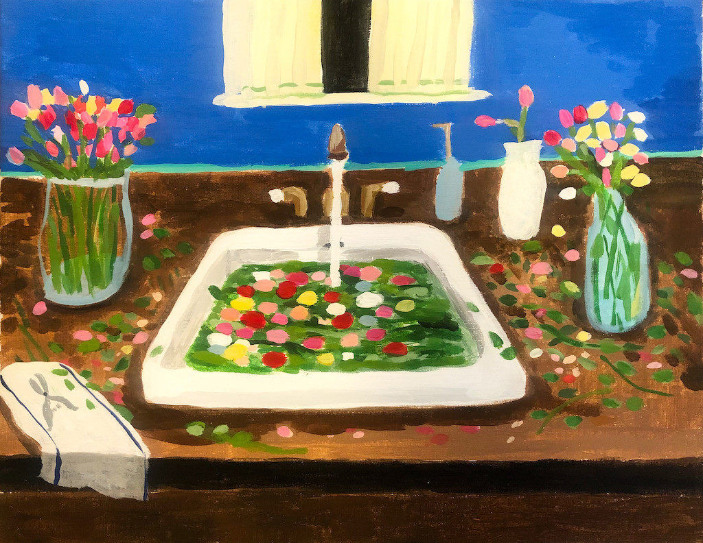 Polly Shindler painting of sink filled with water and tulips, vases of tulips on counter and blue walls in background