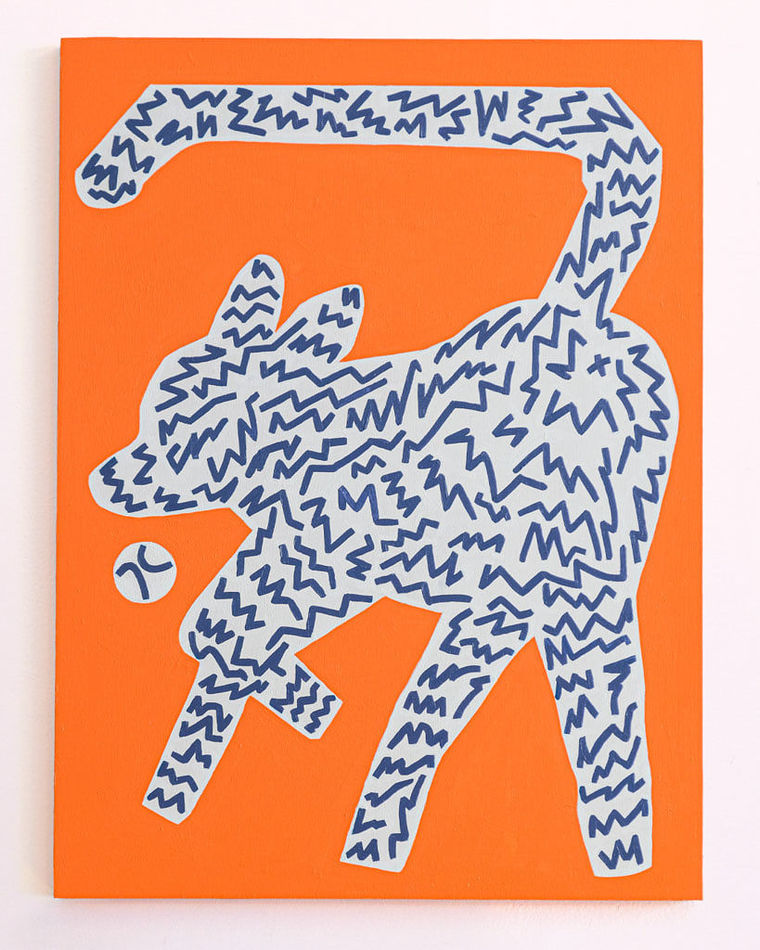 Painting of an outline of a dog chasing a ball in white with dark blue lines on an orange background