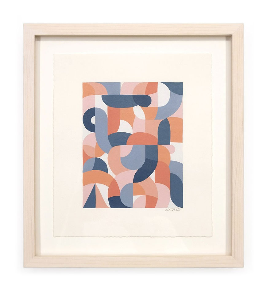 Framed work on paper depicting various multicolored curves and shapes by artist Scott Albrecht