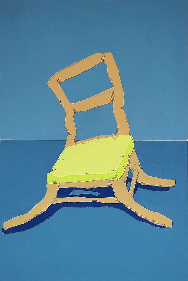 Allison Baker collage of a yellow chair collapsed on blue background