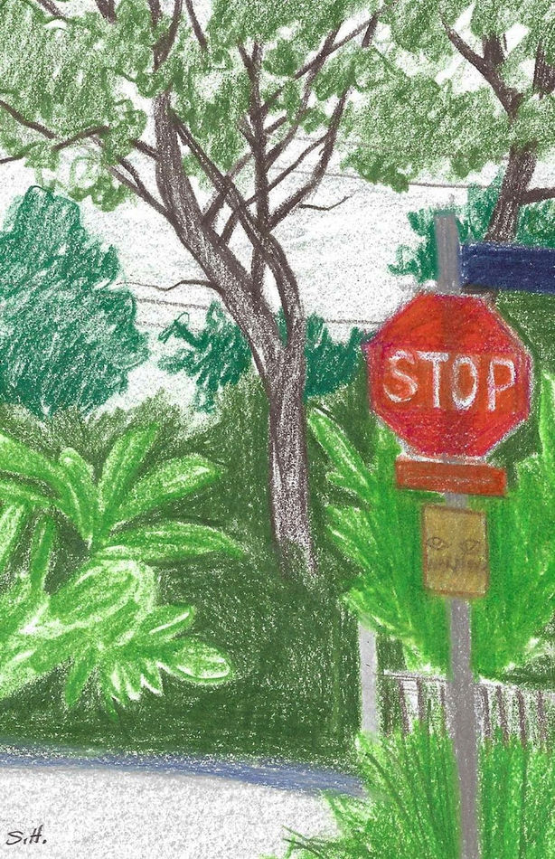 sketch of a stop sign surrounded by green trees and plants