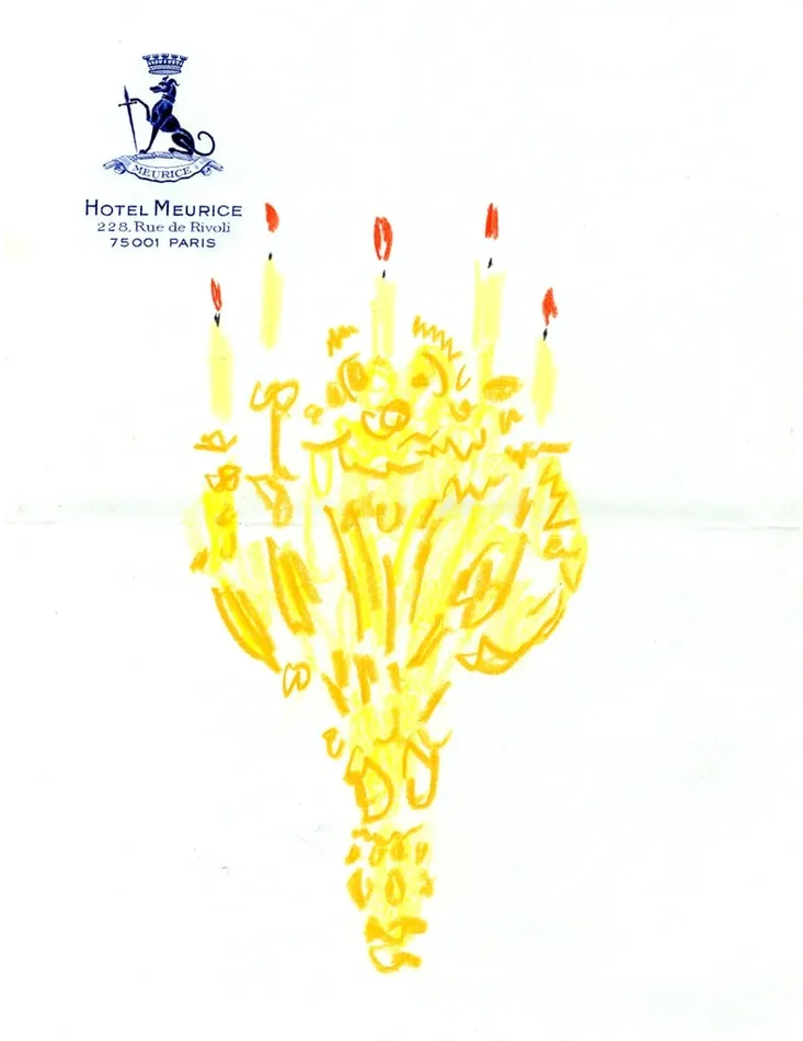 drawing by Michael McGregor of gold chandelier on Hotel Meurice stationary