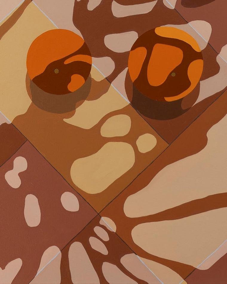 detail of Natalia Juncadella painting of floor with shadows cast over it, and bananas / oranges